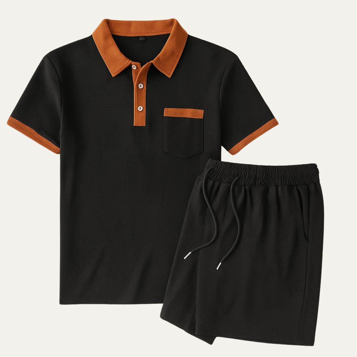 men's waffle texture short set with polo shirt drawstring shorts contrast trim