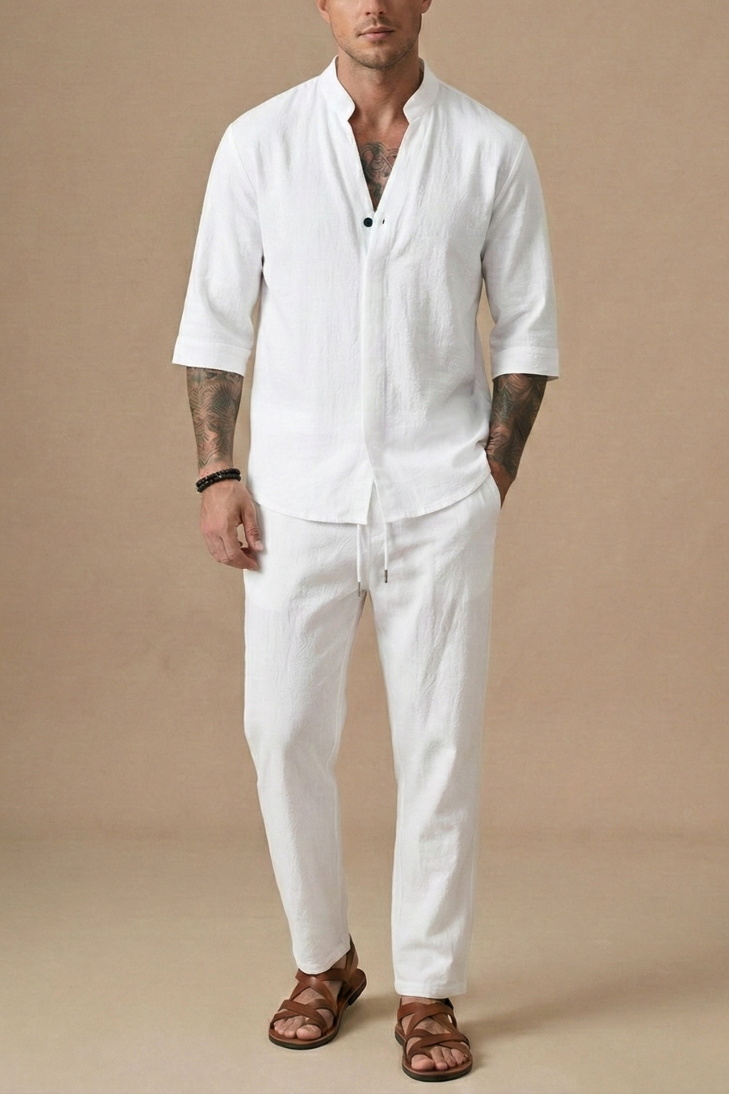 linen blend crinkle texture short-sleeve v-neck shirt and drawstring trousers