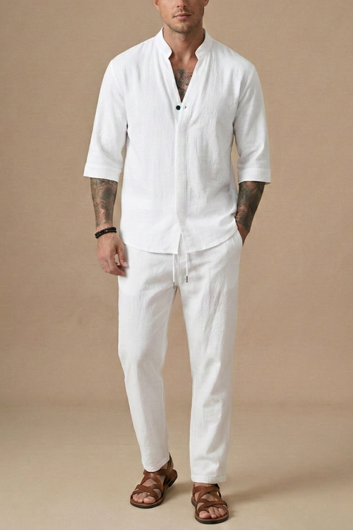 linen blend crinkle texture short-sleeve v-neck shirt and drawstring trousers