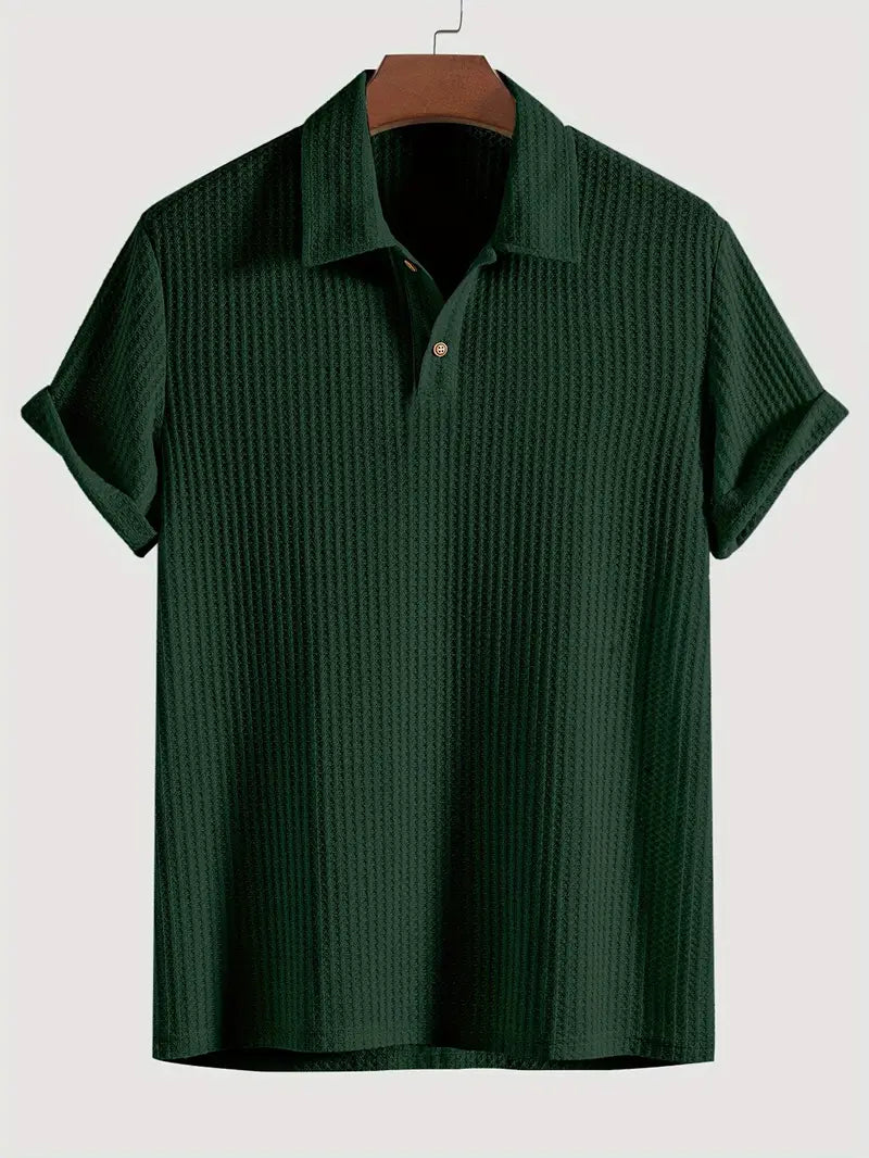 men's short sleeve waffle knit polo shirt with two-button placket spread collar