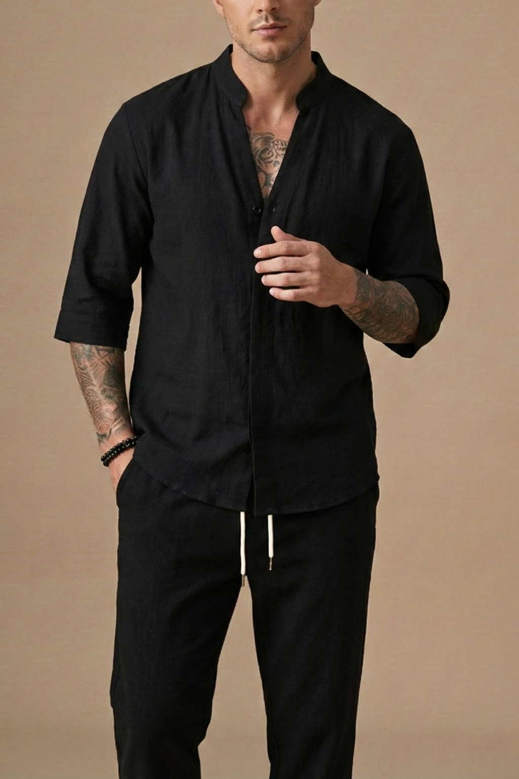 linen blend crinkle texture short-sleeve v-neck shirt and drawstring trousers