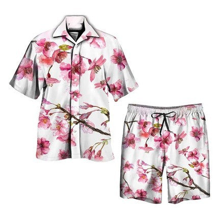 palm print short sleeve shirt and drawstring shorts two piece summer set for men