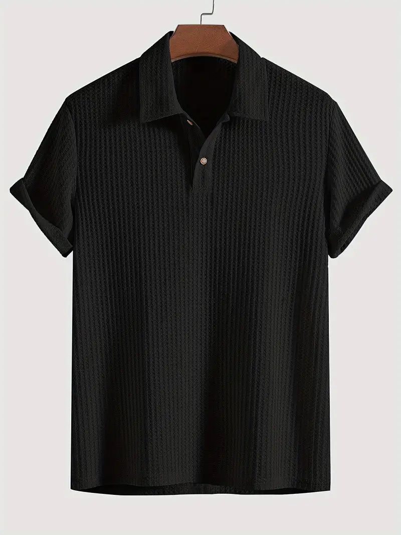 men's short sleeve waffle knit polo shirt with two-button placket spread collar