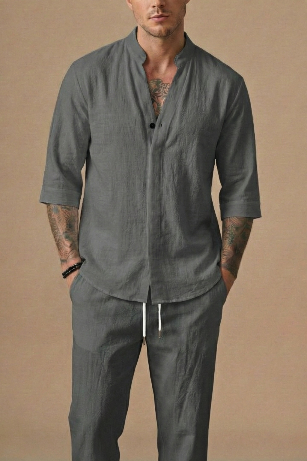 linen blend crinkle texture short-sleeve v-neck shirt and drawstring trousers