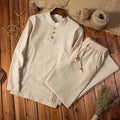 men's two-piece set with long sleeve frog button top and drawstring trousers