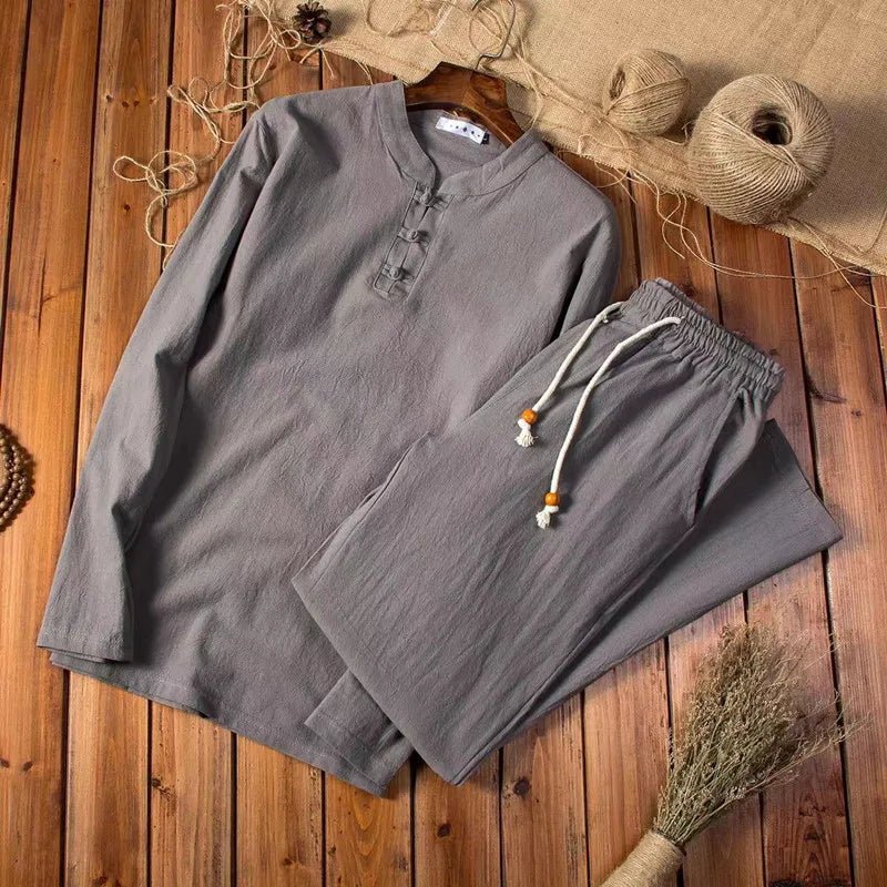 men's two-piece set with long sleeve frog button top and drawstring trousers