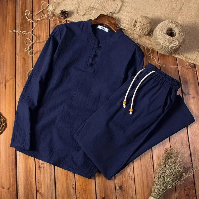 men's two-piece set with long sleeve frog button top and drawstring trousers