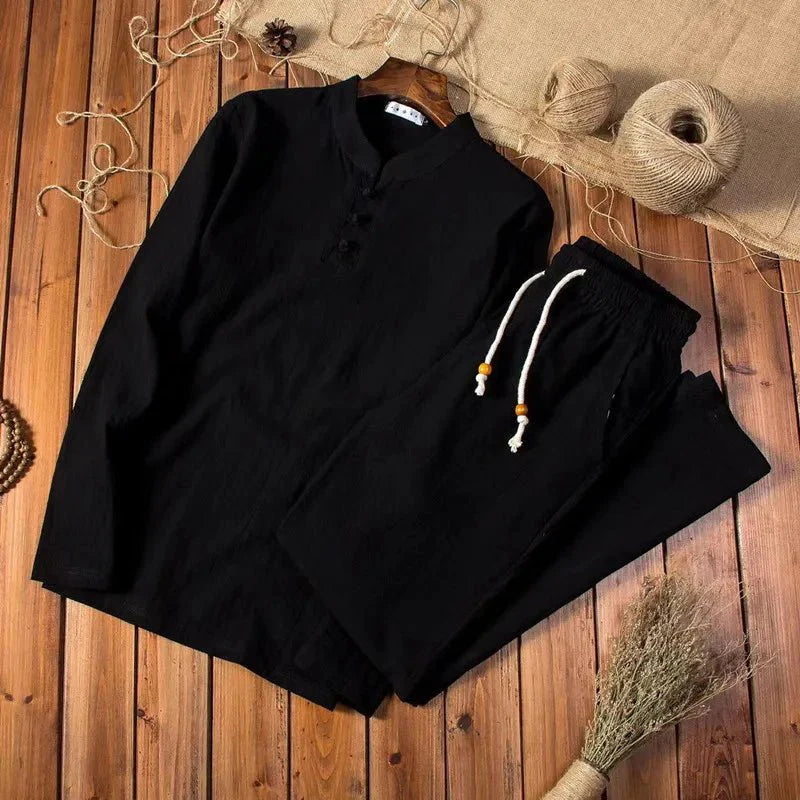 men's two-piece set with long sleeve frog button top and drawstring trousers