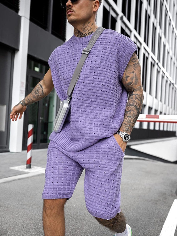 men's knit short set with sleeveless top and open-weave elastic shorts
