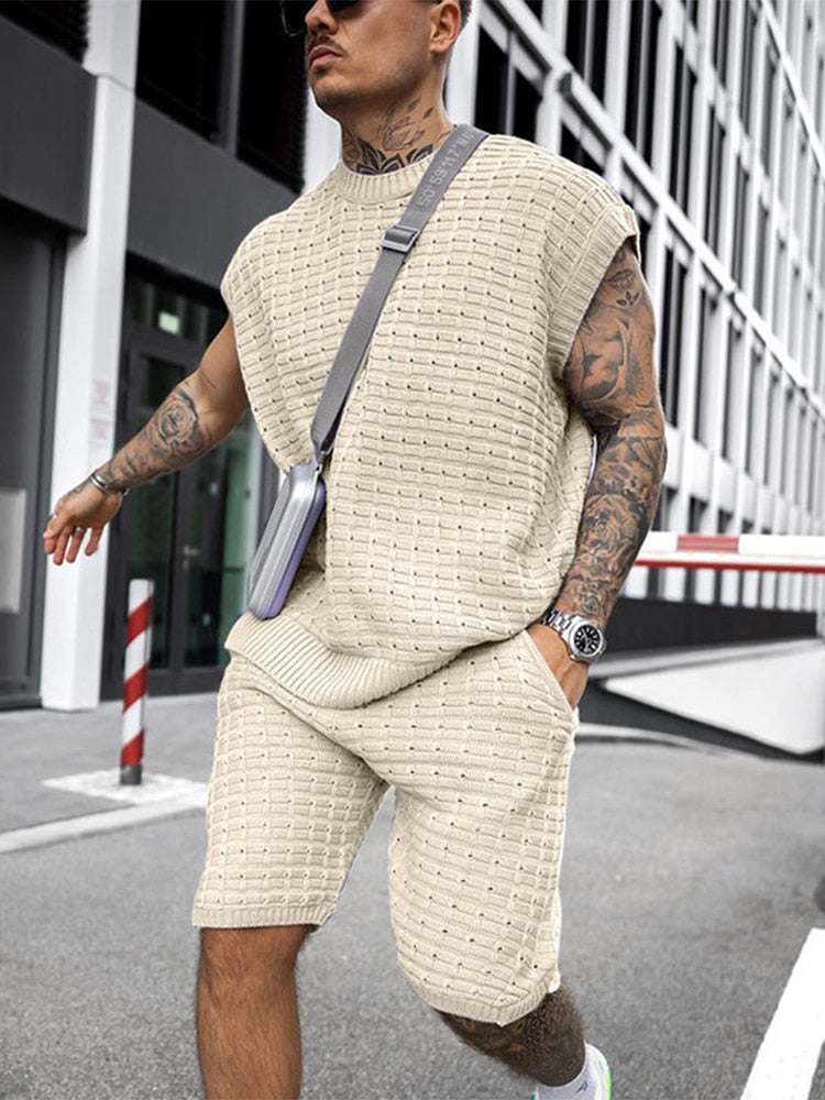 men's knit short set with sleeveless top and open-weave elastic shorts