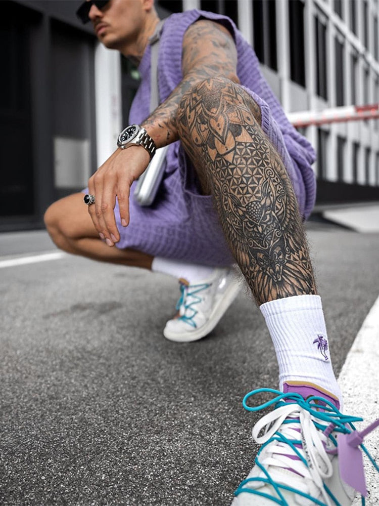 men's knit short set with sleeveless top and open-weave elastic shorts