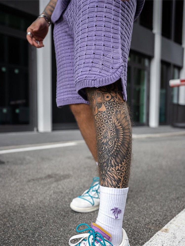 men's knit short set with sleeveless top and open-weave elastic shorts