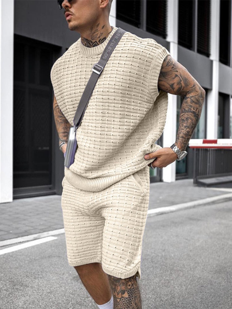 men's knit short set with sleeveless top and open-weave elastic shorts