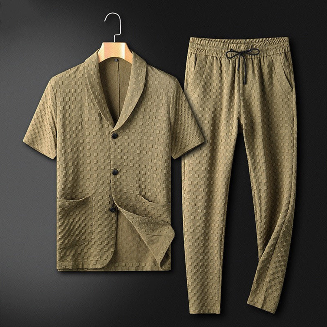 men's textured jacquard two-piece set with shawl collar top and drawstring pants