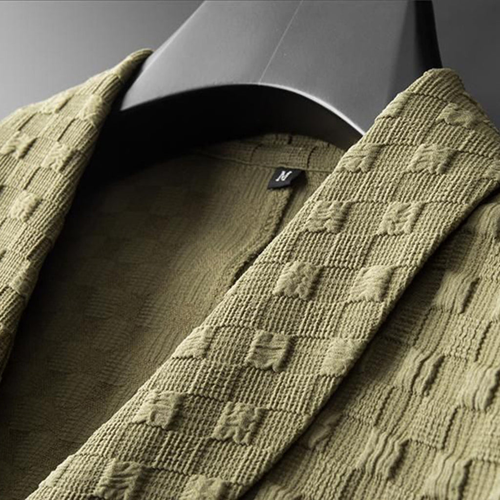 men's textured jacquard two-piece set with shawl collar top and drawstring pants