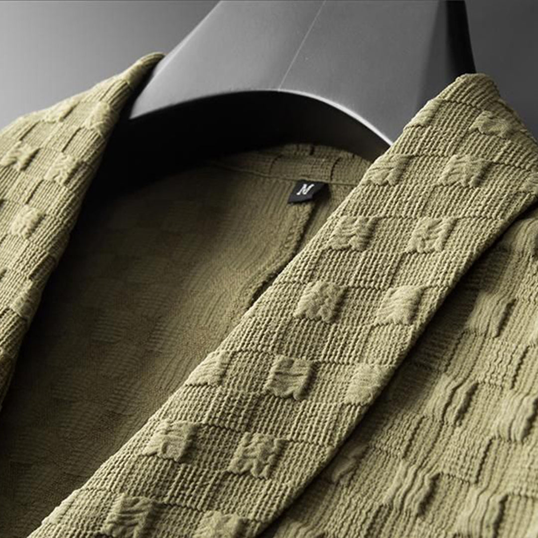 men's textured jacquard two-piece set with shawl collar top and drawstring pants