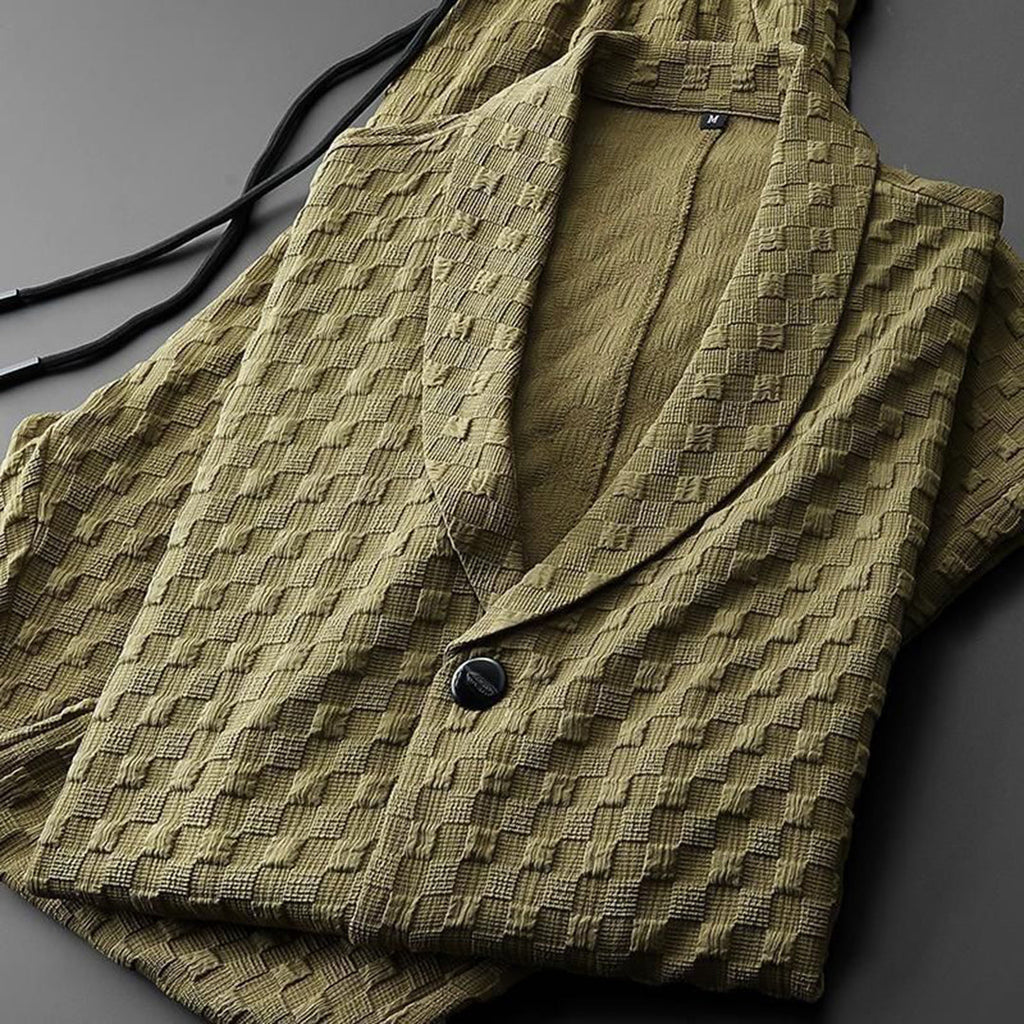 men's textured jacquard two-piece set with shawl collar top and drawstring pants