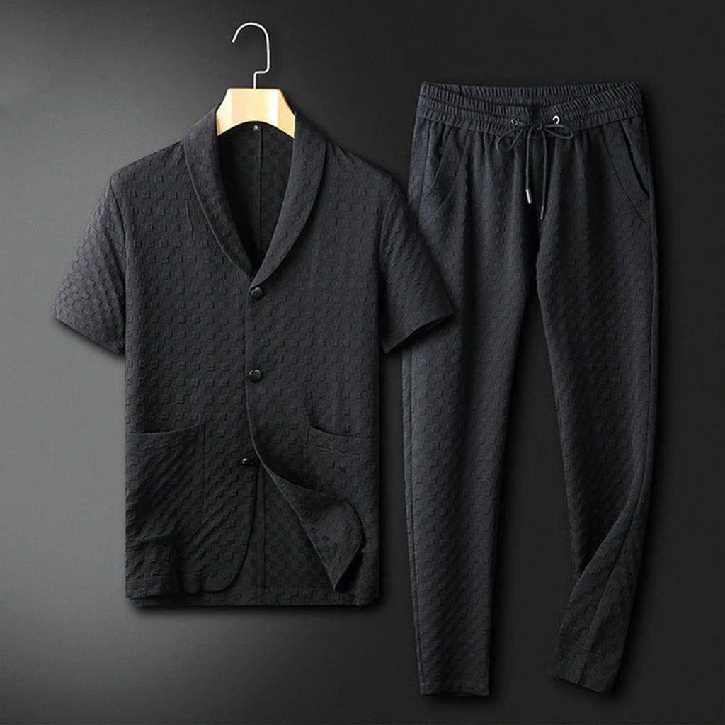 men's textured jacquard two-piece set with shawl collar top and drawstring pants