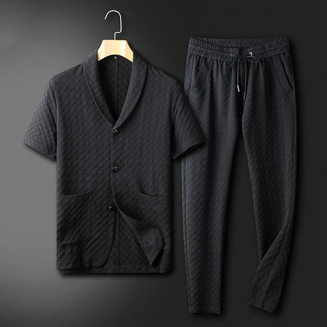 men's textured jacquard two-piece set with shawl collar top and drawstring pants