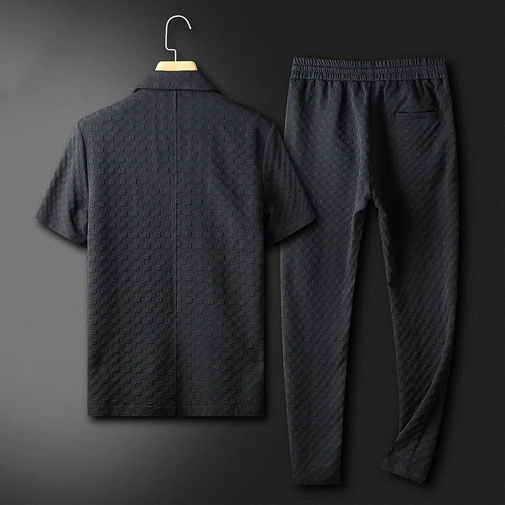 men's textured jacquard two-piece set with shawl collar top and drawstring pants