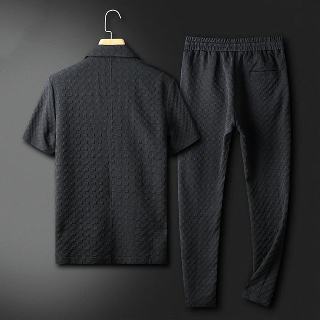 men's textured jacquard two-piece set with shawl collar top and drawstring pants