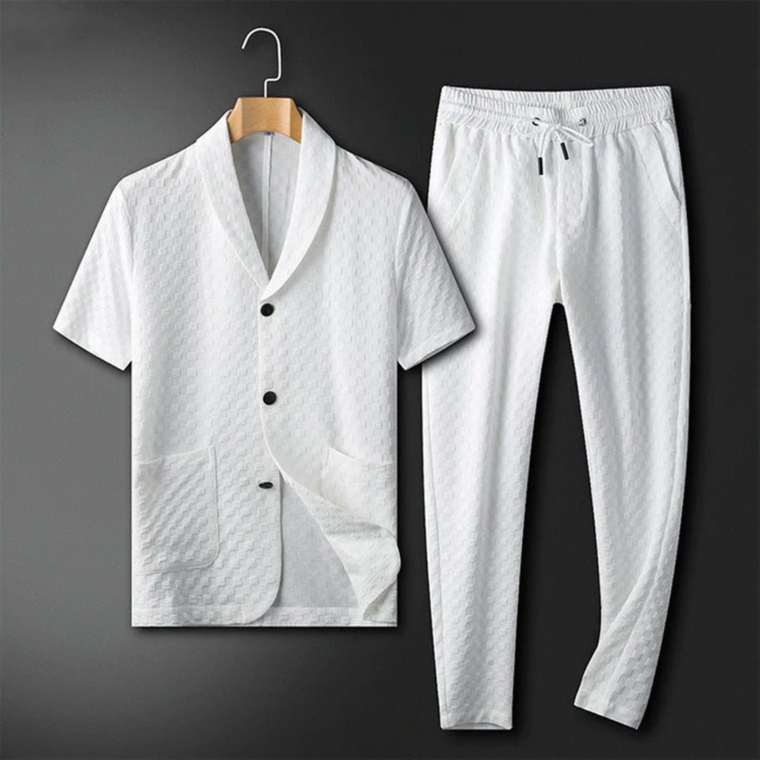 men's textured jacquard two-piece set with shawl collar top and drawstring pants