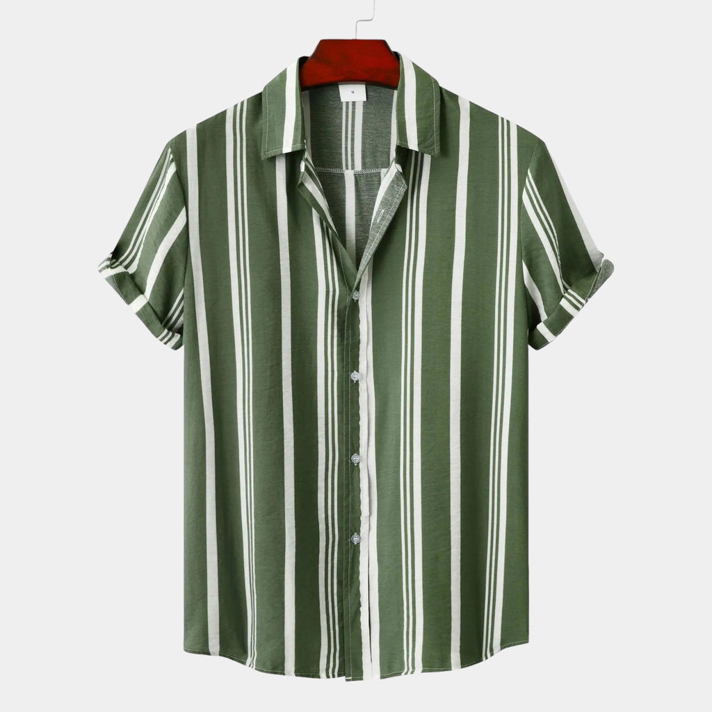 men's vertical stripe button-up short sleeve shirt