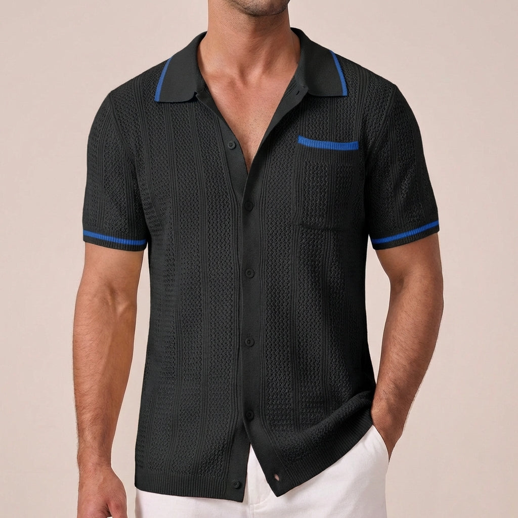 men's openwork short sleeve shirt with button-front camp collar contrast tips