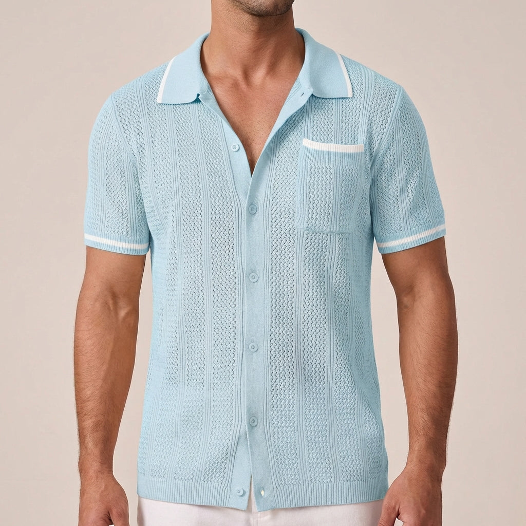men's openwork short sleeve shirt with button-front camp collar contrast tips
