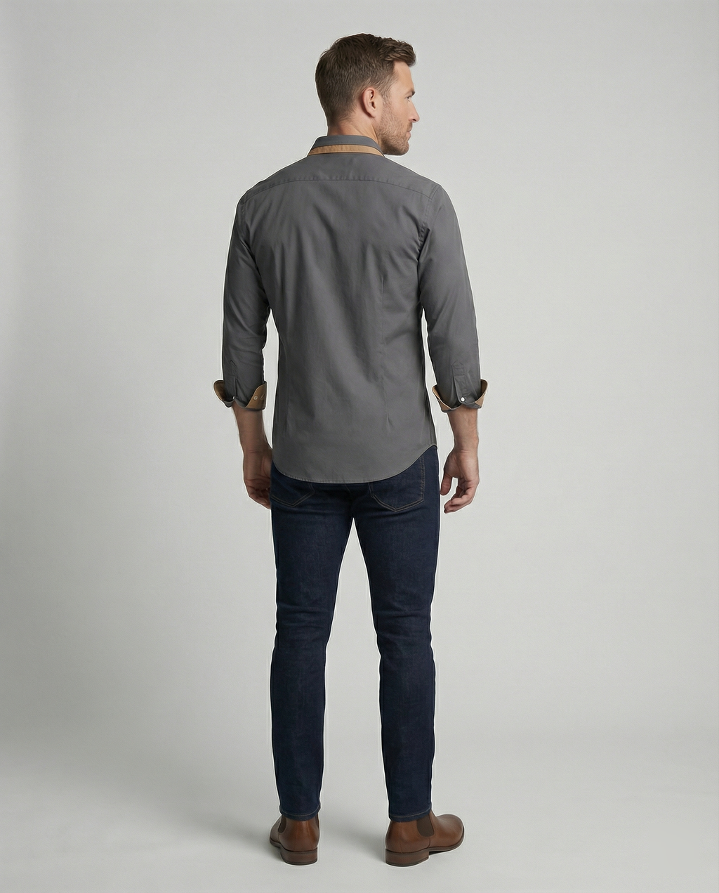 men's slim fit button-down shirt with contrast lining, trim, and cuffs