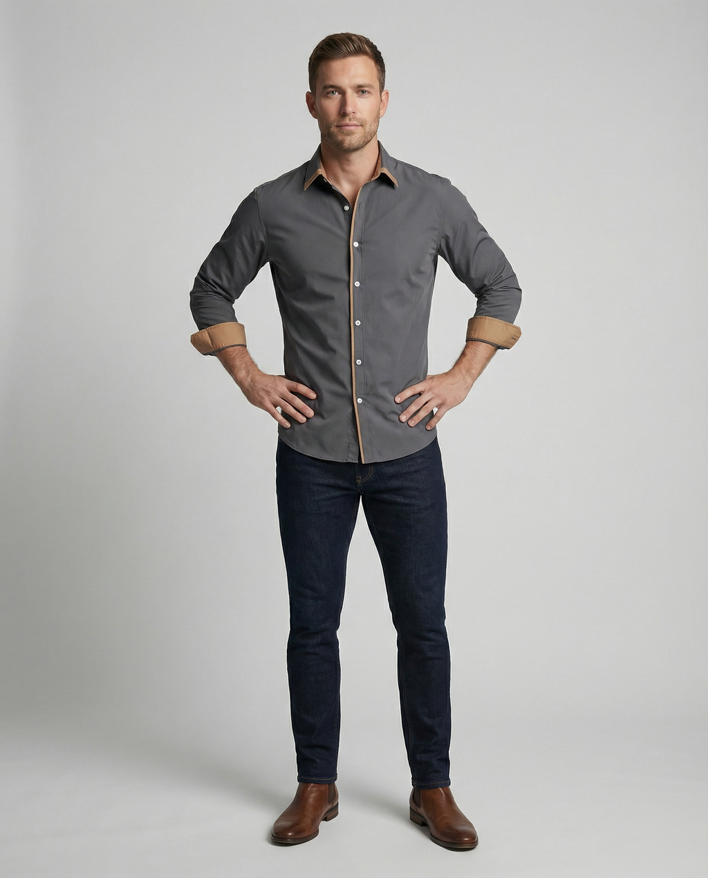 men's slim fit button-down shirt with contrast lining, trim, and cuffs