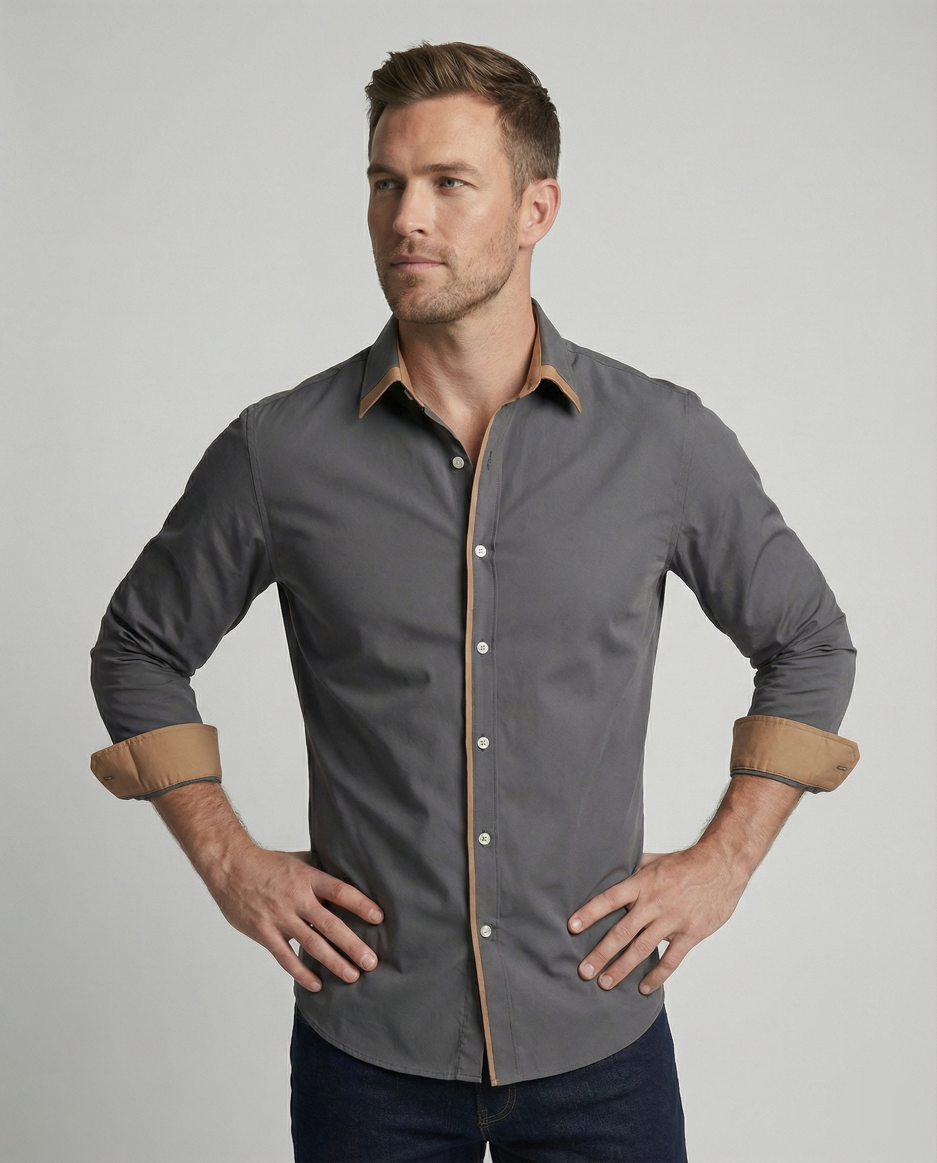 men's slim fit button-down shirt with contrast lining, trim, and cuffs