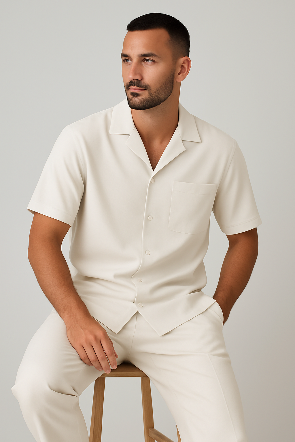 men's short sleeve button up shirt with tailored trousers set