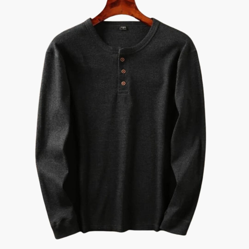 men's long sleeve waffle knit henley with button placket collarless relaxed fit