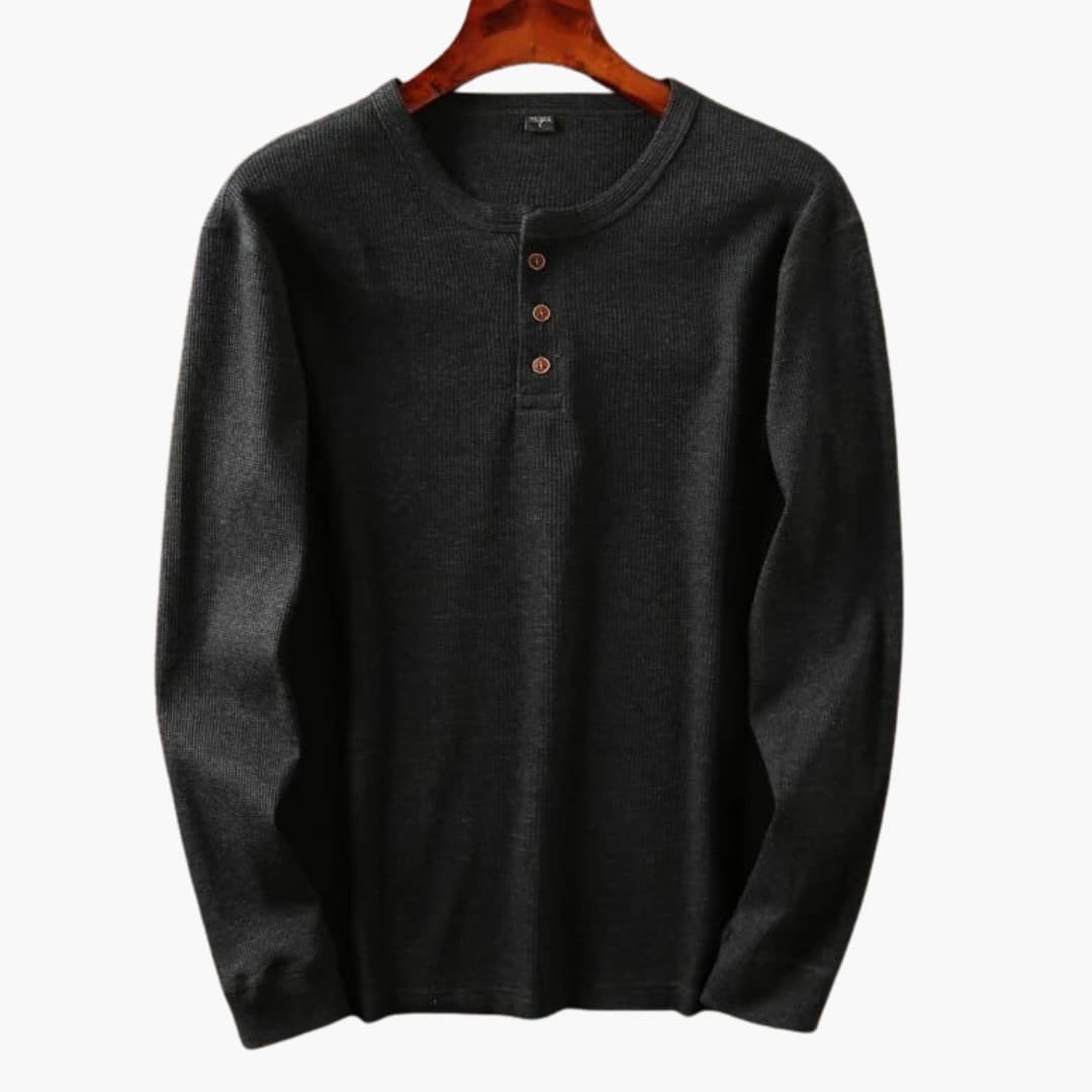 men's long sleeve waffle knit henley with button placket collarless relaxed fit