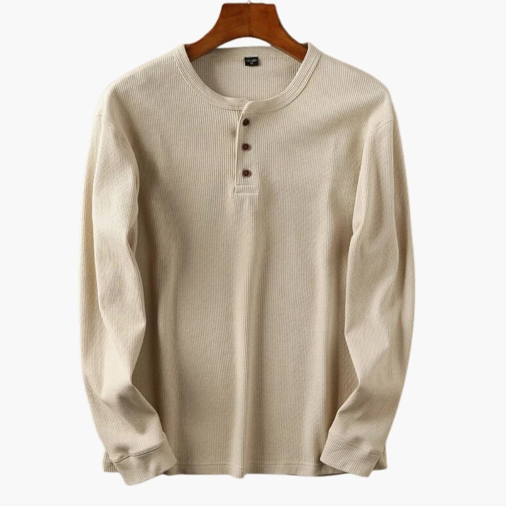 men's long sleeve waffle knit henley with button placket collarless relaxed fit