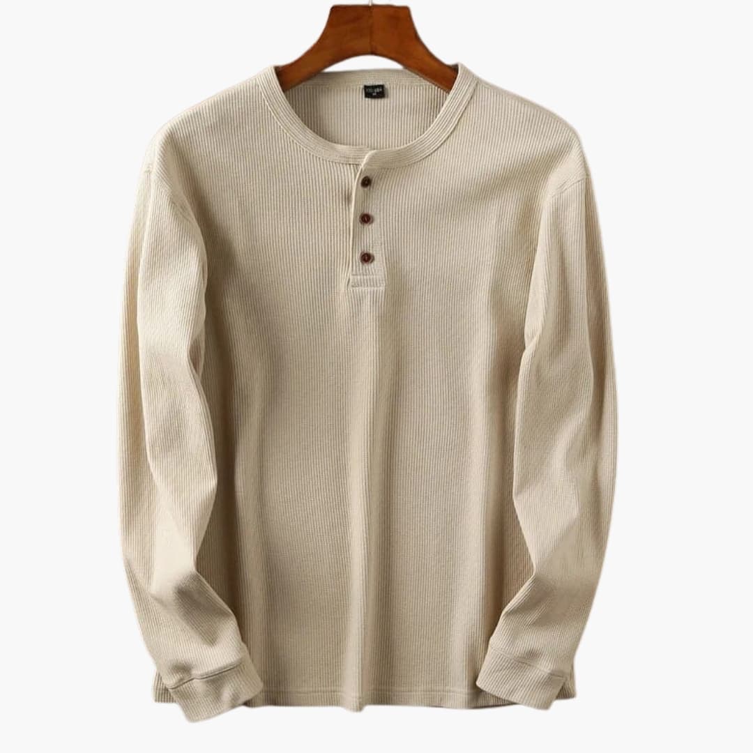 men's long sleeve waffle knit henley with button placket collarless relaxed fit