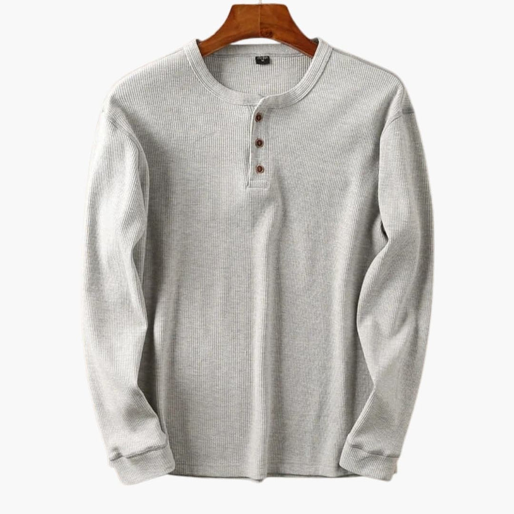men's long sleeve waffle knit henley with button placket collarless relaxed fit