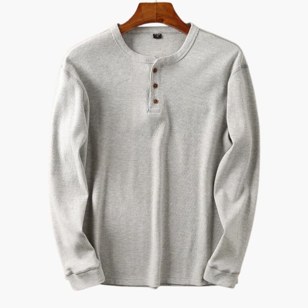 men's long sleeve waffle knit henley with button placket collarless relaxed fit