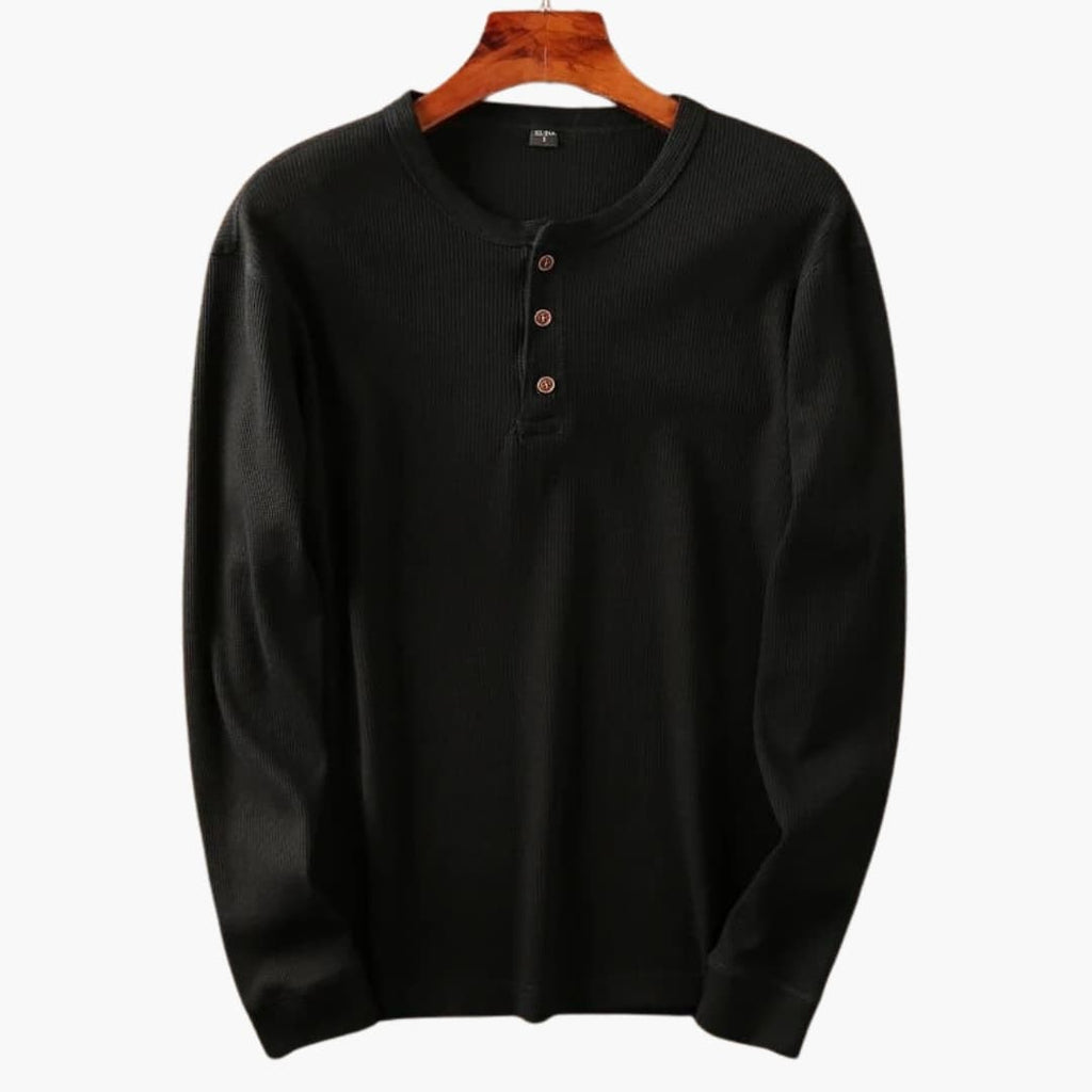 men's long sleeve waffle knit henley with button placket collarless relaxed fit