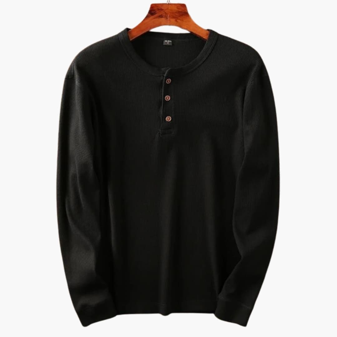 men's long sleeve waffle knit henley with button placket collarless relaxed fit