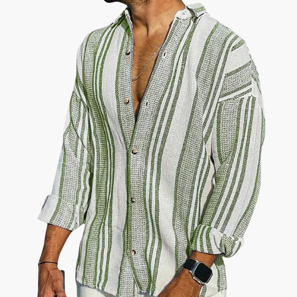 men's vertical stripe button-down shirt with long sleeves, relaxed fit
