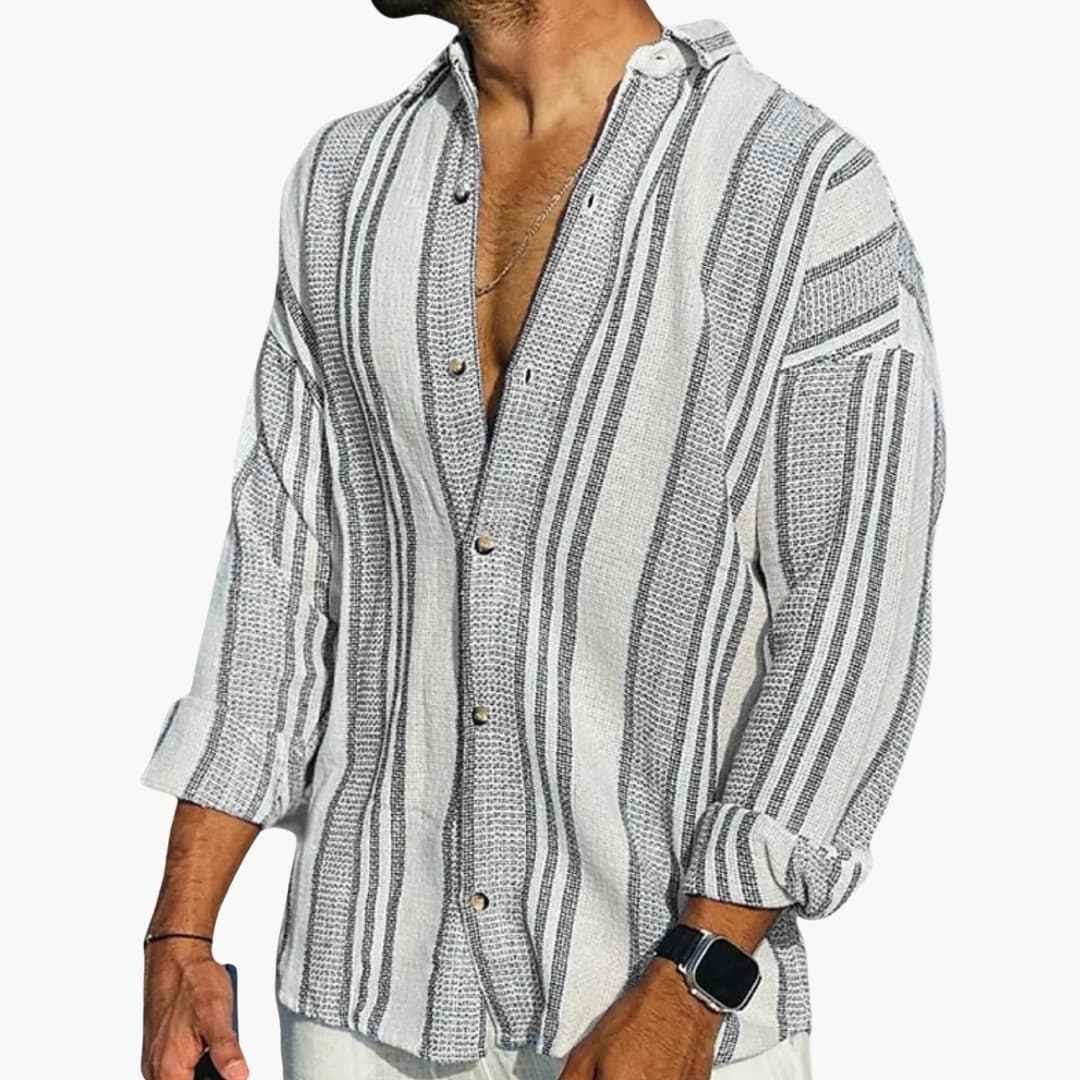 men's vertical stripe button-down shirt with long sleeves, relaxed fit