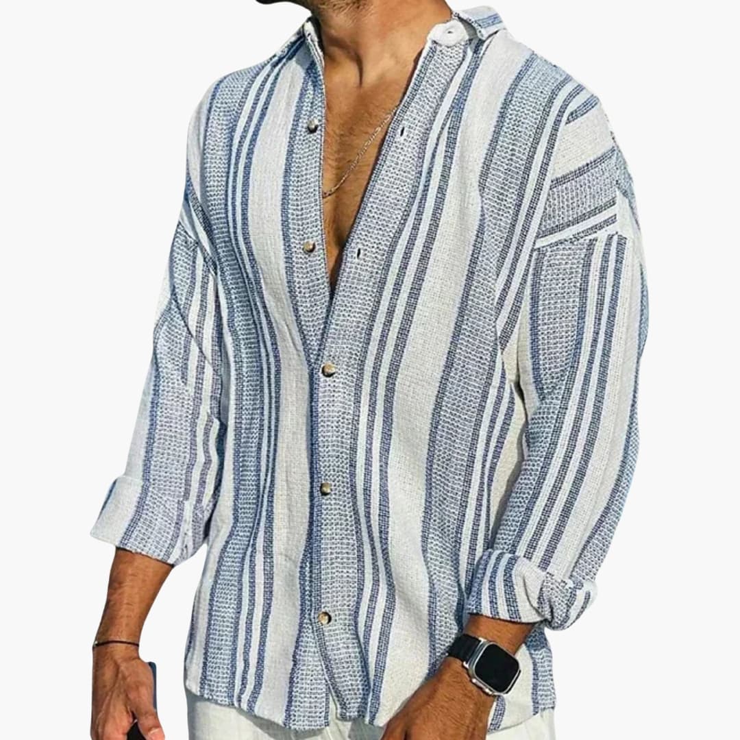 men's vertical stripe button-down shirt with long sleeves, relaxed fit