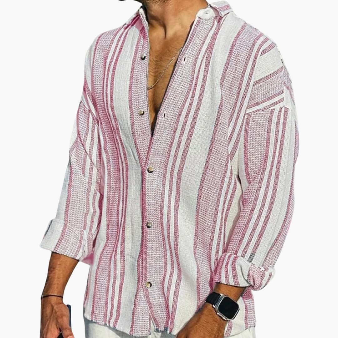 men's vertical stripe button-down shirt with long sleeves, relaxed fit