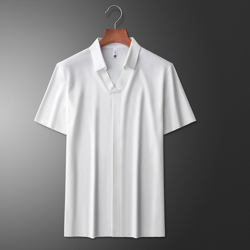 men's v neck short sleeve polo tee with smart casual woven badge spread collar