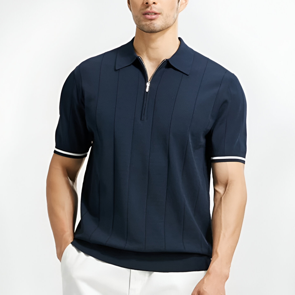 men's fine knit quarter zip polo with short sleeves and vertical stripe