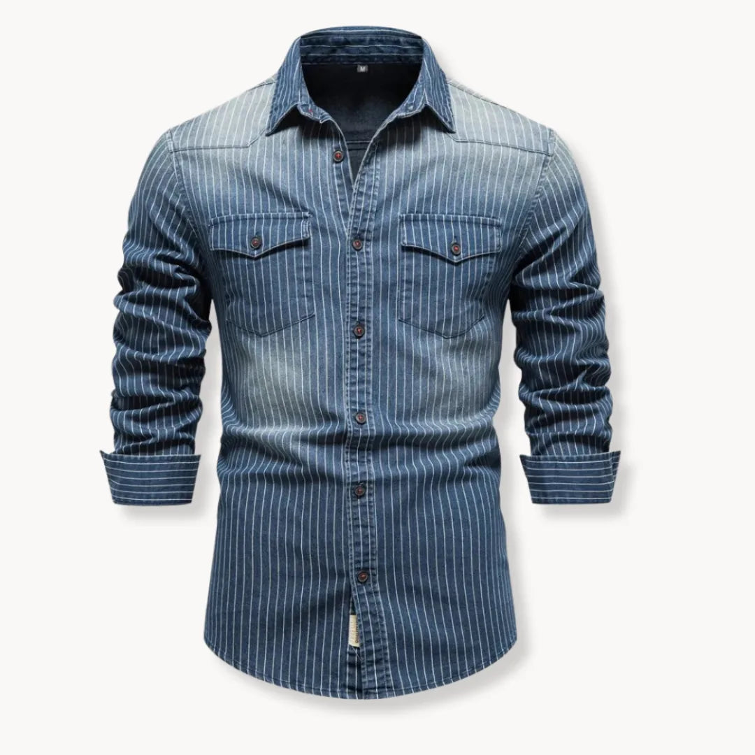 men's long sleeve striped denim button-down shirt with dual chest pockets