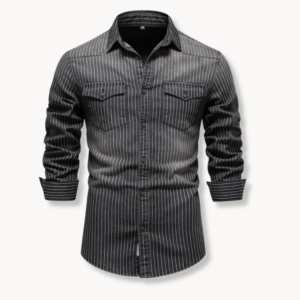 men's long sleeve striped denim button-down shirt with dual chest pockets
