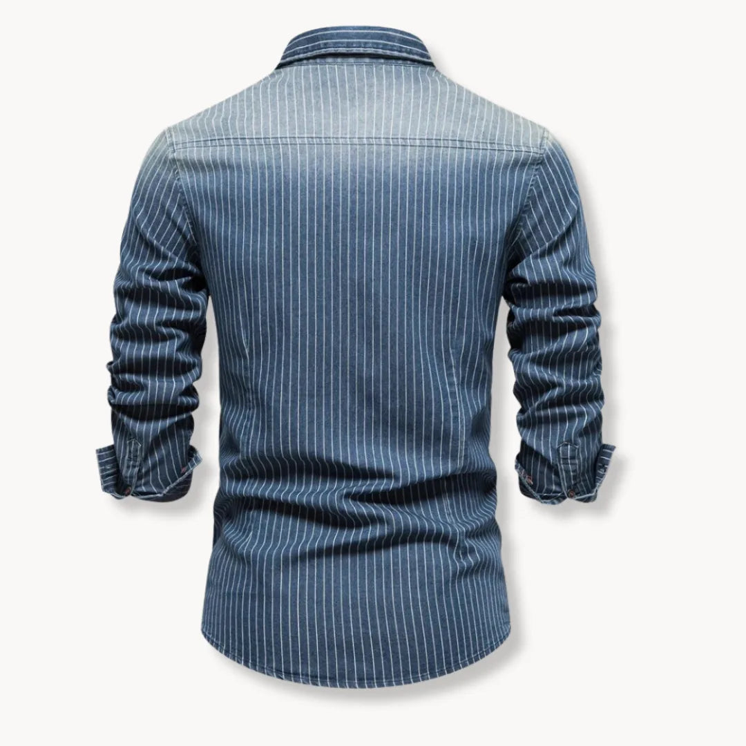 men's long sleeve striped denim button-down shirt with dual chest pockets